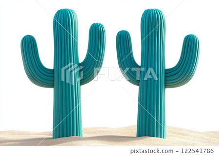Two Isolated Cacti on a White Background with Sand, Perfect for Minimalist Designs 122541786
