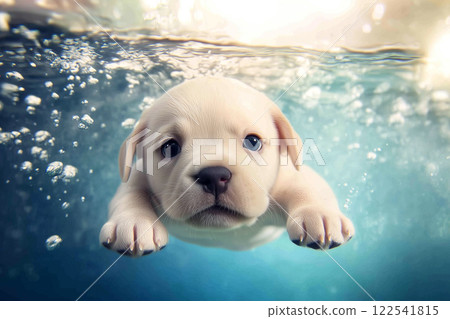 Playful Golden Labrador Retriever Puppy Jumping in Swimming Pool for Fun and Laughter 122541815