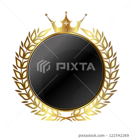 Round black banner with golden laurel wreath and crown Round black banner with golden laurel wreath and crown 122542269