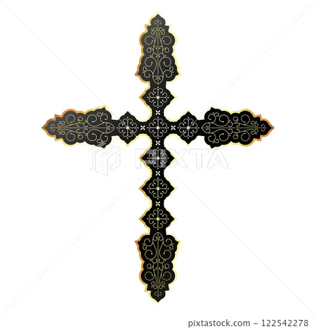 Gold black christian cross with beautiful curled pattern 122542278