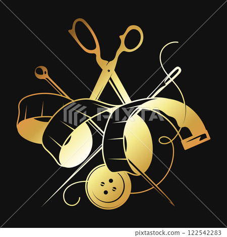 Golden sign for cutting and sewing. Needle with thread, scissors and tape measure Golden sign for cutting and sewing. Needle with thread, scissors and tape measure 122542283
