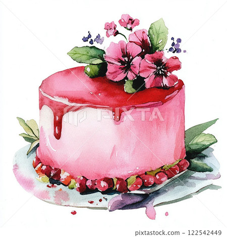 Watercolor red cake with cream drips and flowers. Pastry picture for design on white background 122542449