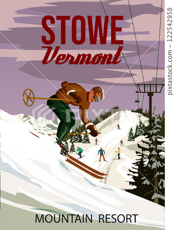 Vintage Travel poster Ski Stowe resort. America winter landscape travel card 122542958