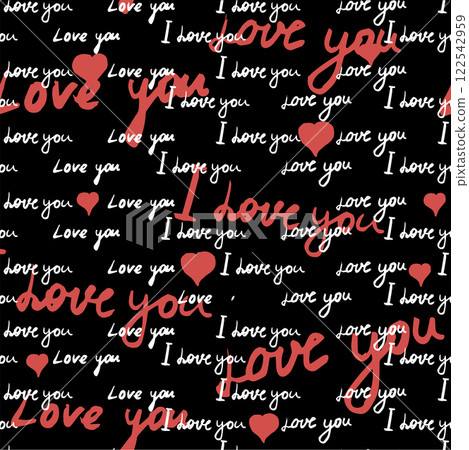 Text I love you, hand written words, pink hearts. Seamless pattern, sketch, doodle, lettering, happy valentines day. Vector illustration black background 122542959