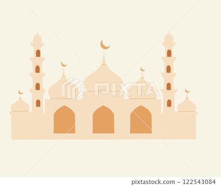 Illustration of a beautiful mosque with a majestic dome and minarets. This symbolizes Islamic architecture, cultural heritage, and a sacred place for prayer and worship 122543084