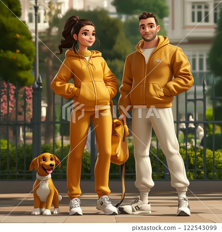 Stylish Family Walking Their Dog 122543099