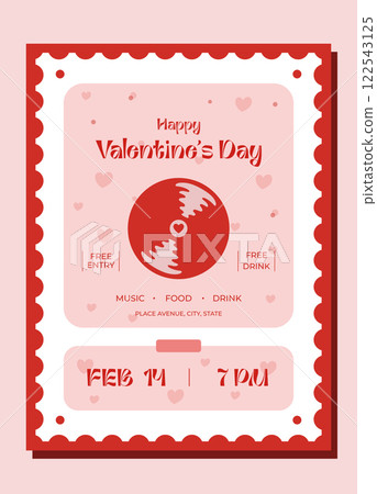 Flyer for music party for Valentine's Day.Party invitation template.Music poster design on pink background.Ideal design for social media,club.Greeting card in the form of postage stamp. 122543125
