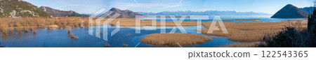 View of Skadar Lake with.reeds on mountains background in winter, Montenegro 122543365