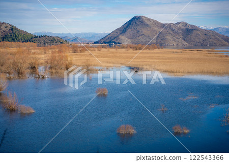 View of Skadar Lake with.reeds on mountains background in winter, Montenegro 122543366