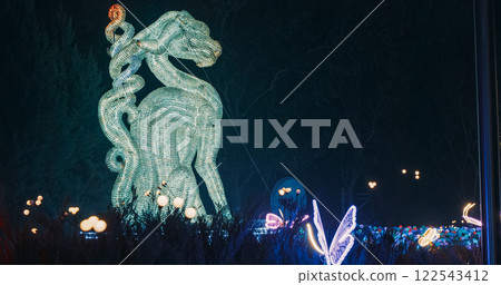 Beijing, China. Large Lantern Composition At Zigong Lantern Festival. National Color. Chinese Dragon Is Legendary Creature In Chinese Mythology Symbolize Potent And Auspicious Powers, Particularly Beijing, China. Large Lantern Composition At Zigong Lantern Festival. National Color. Chinese Dragon Is Legendary Creature In Chinese Mythology Symbolize Potent And Auspicious Powers, Particularly 122543412