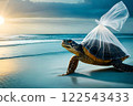 A turtle in a plastic bag. Let's save the ocean. Plastic pollution in ocean , plastic bags in the depths of the ocean . High quality photo 122543433