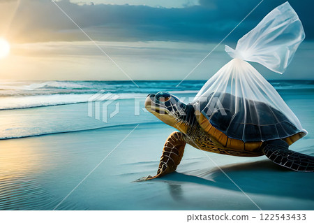 A turtle in a plastic bag. Let's save the ocean. Plastic pollution in ocean , plastic bags in the depths of the ocean . High quality photo 122543433