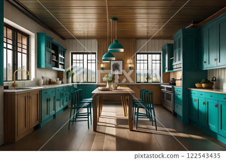 Luxury modern and vintage turquoise interior. Marble kitchen island with wooden chockers. Brown wooden table with metalic tray and metalic gold vase with white decorations. 122543435