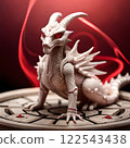 A painting of a dinosaur with a mountain in the background. Fantasy evil dragon portrait. Surreal artwork of danger dragon from medieval mythology. Oil painting art. High quality photo 122543438