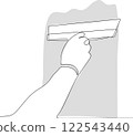 Continuous one line drawing of human hand holds paint brushes with paint can, floor painting, blank space for your text, banner, advertisement or your design minimal outline. Vector illustration 122543440