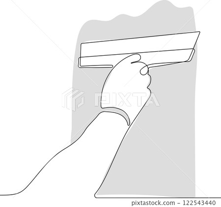 Continuous one line drawing of human hand holds paint brushes with paint can, floor painting, blank space for your text, banner, advertisement or your design minimal outline. Vector illustration 122543440