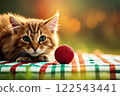 Cute little red kitten sleeps on fur white blanket. kitten sleeping on gray plaid wool blanket with tassels, embracing soft beige knitted toy 122543441