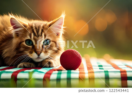 Cute little red kitten sleeps on fur white blanket. kitten sleeping on gray plaid wool blanket with tassels, embracing soft beige knitted toy 122543441