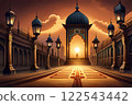 Islamic greeting Eid Mubarak cards for Muslim Holidays. Eid-Ul-Adha festival celebration . Ramadan Kareem background. Crescent Moon and Lantern Lightning in sky 122543442