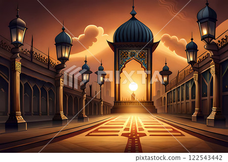 Islamic greeting Eid Mubarak cards for Muslim Holidays. Eid-Ul-Adha festival celebration . Ramadan Kareem background. Crescent Moon and Lantern Lightning in sky 122543442