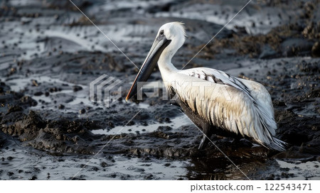 white seabird pelican stuck in oil spill on beach 122543471