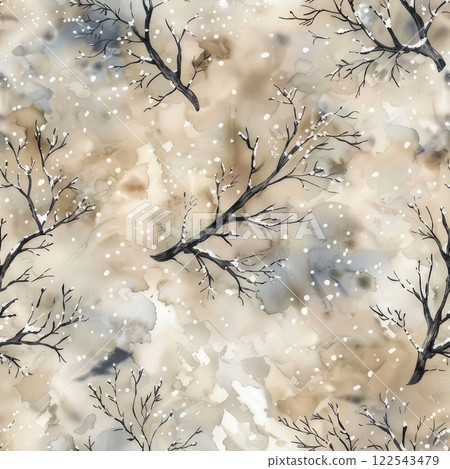 watercolor snow branches on a beige background seamless pattern. floral winter background 122543479