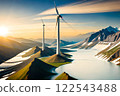 Panoramic view of wind farm or wind park, with high wind turbines for generation electricity with copy space. Green energy concept. 122543488