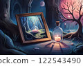 digital illustration of A bottle of magic potion in a dark fantasy forest. magic potion in a beautiful decorated vial in magic forest. AI-generated Digital Art.  122543490