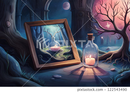 digital illustration of A bottle of magic potion in a dark fantasy forest. magic potion in a beautiful decorated vial in magic forest. AI-generated Digital Art.  122543490
