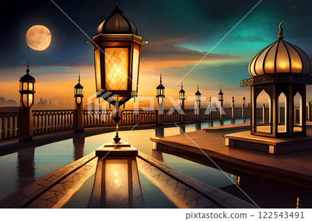 Islamic greeting Eid Mubarak cards for Muslim Holidays. Eid-Ul-Adha festival celebration . Ramadan Kareem background. Crescent Moon and Lantern Lightning in sky 122543491