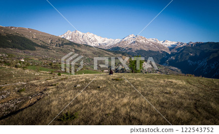 Highlands in Albania. Amazing take with snowy mountains north of Peshkopi. 122543752
