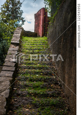 Old staircase and a pink fence, Madeira, Portugal 122543958