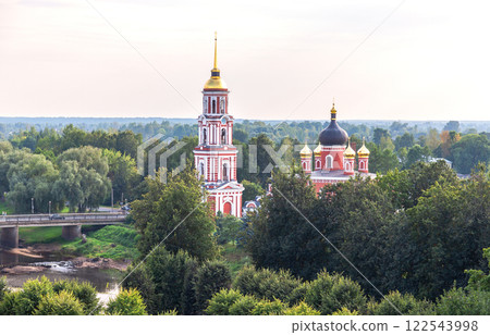 Top view of Cathedral of the Resurrection of Christ, an orthodox church. Balneological resort Staraya Russa, Russia 122543998