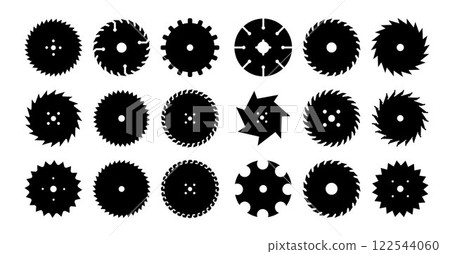 Circular saw blade. Silhouette of metal disc for woodwork. Round carpentry tool icons. Industrial rotary wheels.Vector 122544060
