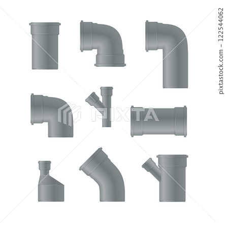 Plastic Pipe. Industry pipeline. waste pipes industrial pipeline tubes plumbing pressure system set. Water tube plastic canalization technology. Vector 122544062