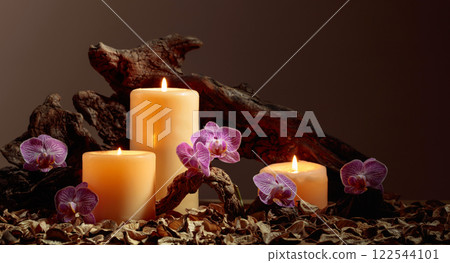 Orchid flowers and burning candles on a background of old wooden snags. 122544101