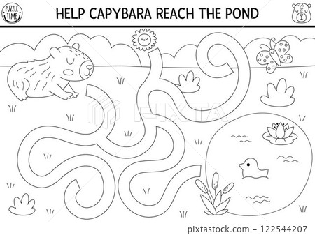 Black and white maze for kids with capybara going to pond through summer meadow. Capibara preschool printable activity, coloring page with cute animal. Labyrinth game or puzzle 122544207