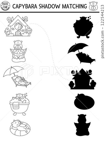 Capibara black and white shadow matching activity. Capybara shape recognition puzzle, coloring page. Find correct silhouette printable worksheet, game for kids with animals doing relaxing activities Capibara black and white shadow matching activity. Capybara shape recognition puzzle, coloring page. Find correct silhouette printable worksheet, game for kids with animals doing relaxing activities 122544213