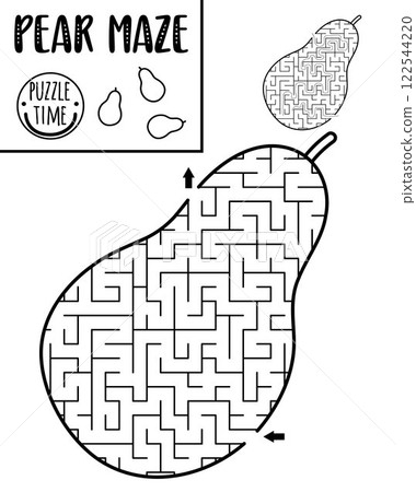 Fruit black and white geometrical maze for kids. Preschool printable line activity shaped as pear. Capybara food labyrinth game, coloring page or puzzle for children Fruit black and white geometrical maze for kids. Preschool printable line activity shaped as pear. Capybara food labyrinth game, coloring page or puzzle for children 122544220