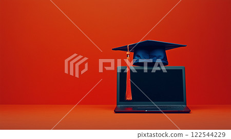 Vibrant red banner for study offers and online courses with black laptop and graduation cap 122544229