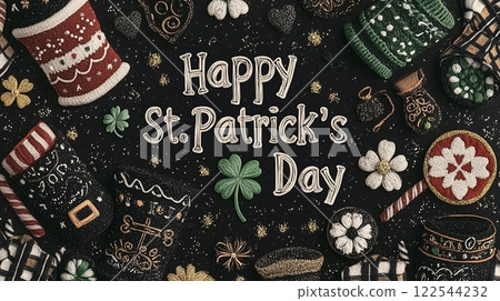 Festive St. Patrick's day handmade poster with clovers and hats Festive St. Patrick's day handmade poster with clovers and hats 122544232