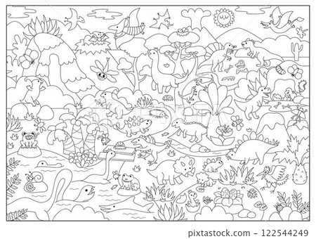 Vector black and white dinosaur landscape illustration. Prehistoric scenery with mountains, forest, ancient animals. Funny detailed scene, coloring page with T-Rex. Dino land picture for kids 122544249