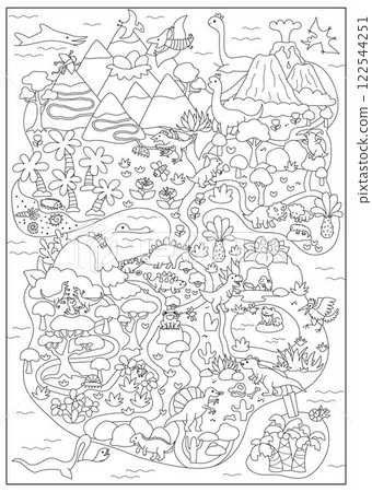 Vector black and white ancient continent map. Dinosaur landscape illustration, coloring page. Cute prehistoric scenery with animals. Funny detailed island scene with paths. Dino land picture Vector black and white ancient continent map. Dinosaur landscape illustration, coloring page. Cute prehistoric scenery with animals. Funny detailed island scene with paths. Dino land picture 122544251
