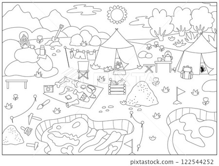 Vector black and white paleontologists landscape illustration. Dinosaurs fossils and bones picture, coloring page. Empty scene with prehistoric animal dig. Dino archaeologists camp scenery 122544252