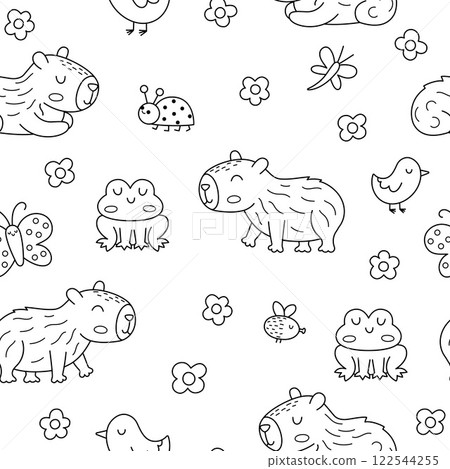 Vector black and white capybara seamless pattern. Cute line capibara repeat background with frog, bird, flower, butterfly, fly, bug. Funny digital paper, coloring page with happy relaxed animals Vector black and white capybara seamless pattern. Cute line capibara repeat background with frog, bird, flower, butterfly, fly, bug. Funny digital paper, coloring page with happy relaxed animals 122544255
