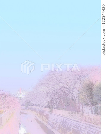 櫻花盛開的河畔景色。插圖風格的照片。 122544420