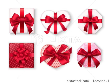 Realistic gifts with satin bows for decoration Realistic gifts with satin bows for decoration 122544421