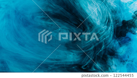 Paint mist. Smoke texture. Defocused blue color fog splash wave floating underwater flow on dark black abstract art background. Paint mist. Smoke texture. Defocused blue color fog splash wave floating underwater flow on dark black abstract art background. 122544455