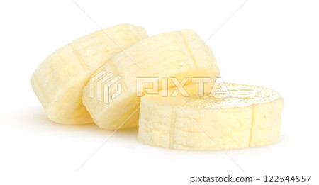 Peeled and cut pieces of banana fruit isolated on white Peeled and cut pieces of banana fruit isolated on white 122544557