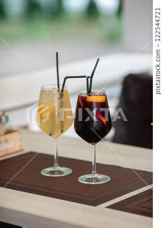 A glass of fresh delicious sangria on the table in A glass of fresh delicious sangria on the table in 122544721